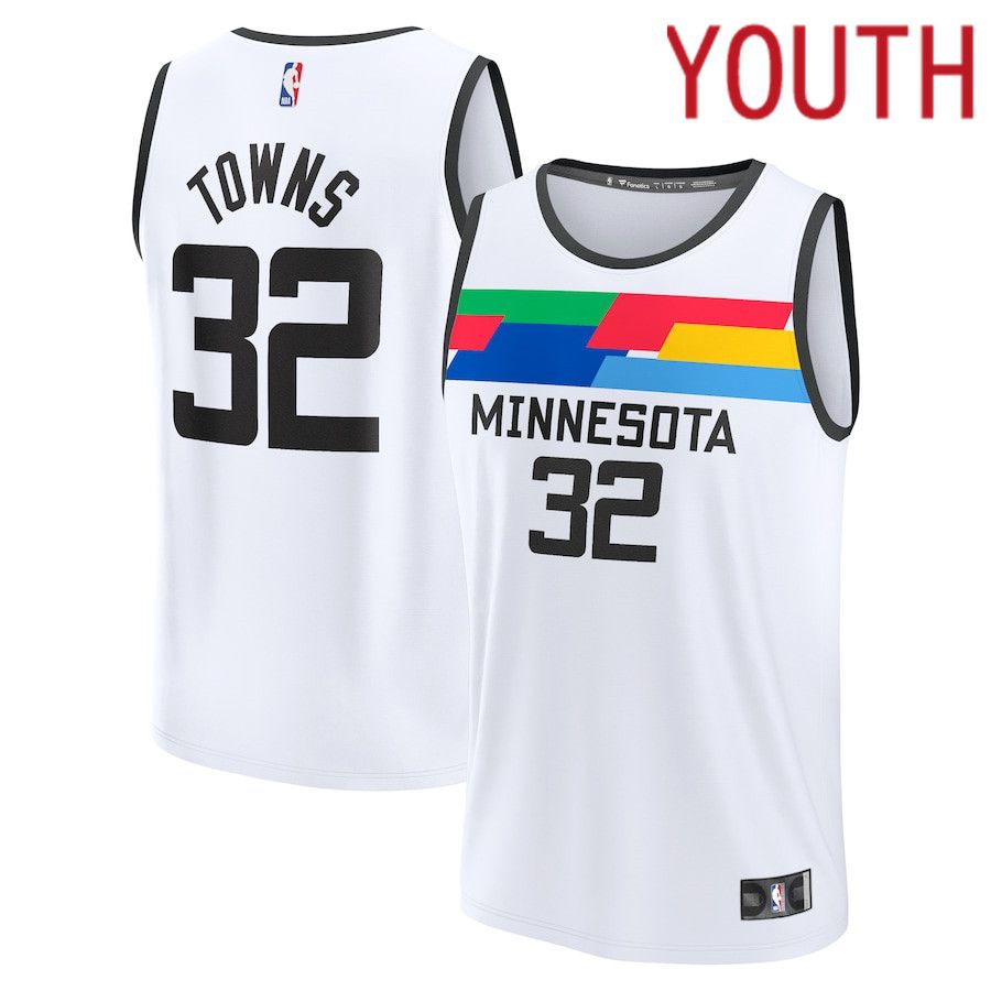 Youth Minnesota Timberwolves #32 Karl-Anthony Towns Fanatics Branded White City Edition 2022-23 Fastbreak NBA Jersey->los angeles lakers->NBA Jersey